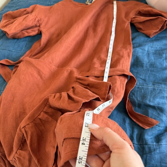 Linen Handmade Studio Tobacco Burnt Orange Cheryl Ruffle Wrap Mini Dress Size 6 - Picture 10 of 13